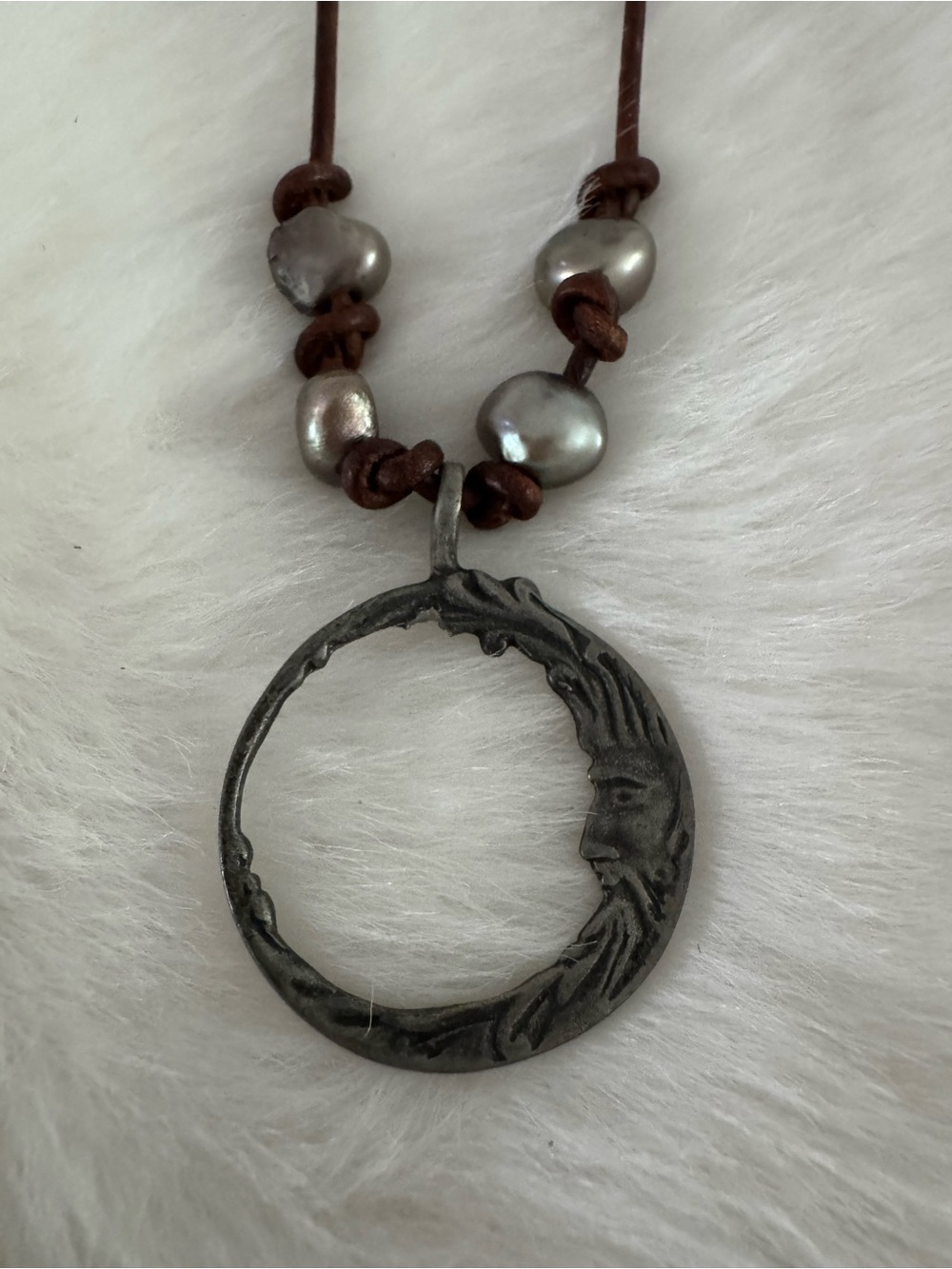 Silver Moon Pendant Necklace with Peacock Pearls
